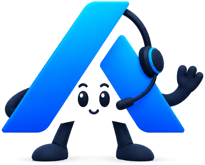 Aurevant’s mascot: the blue A logo wearing a headset, waving hello